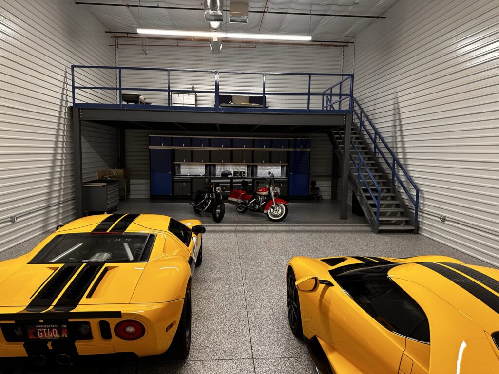 Garage Floor Coating with mezzanine, cabinets, Ford GT in Fountain Hills AZ by RX Garage