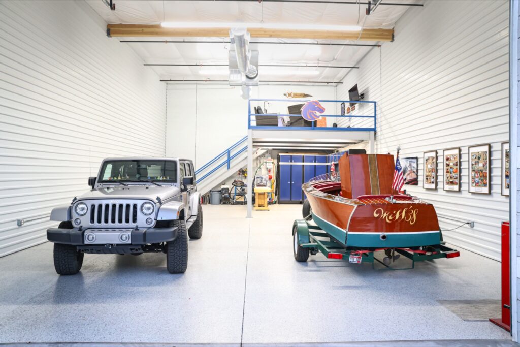 Gray Flake garage condo floor coating with boat in Scottsdale AZ by RX Garage