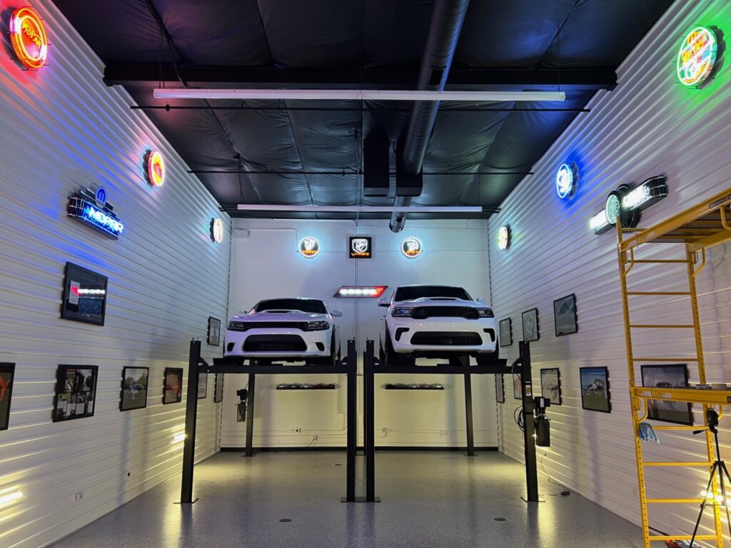 Gray Flake garage condo floor coating with car lift, Dodge in Scottsdale AZ by RX Garage