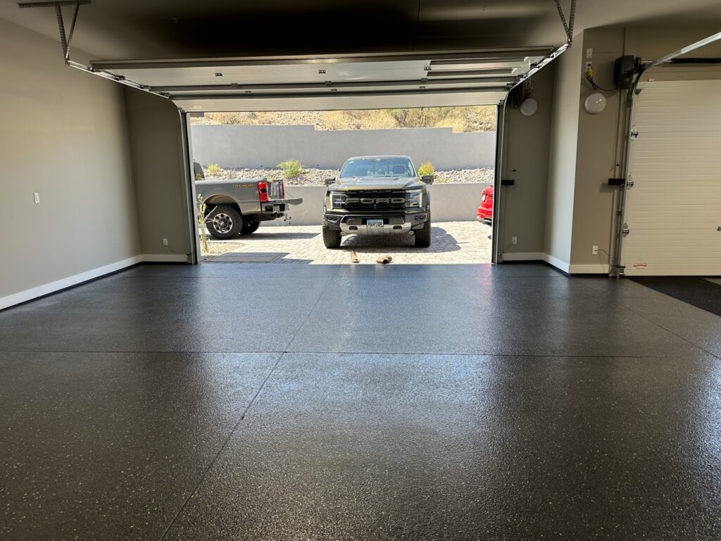 Charcoal Green Flake garage floor coating with Ford Raptor in Scottsdale AZ by RX Garage